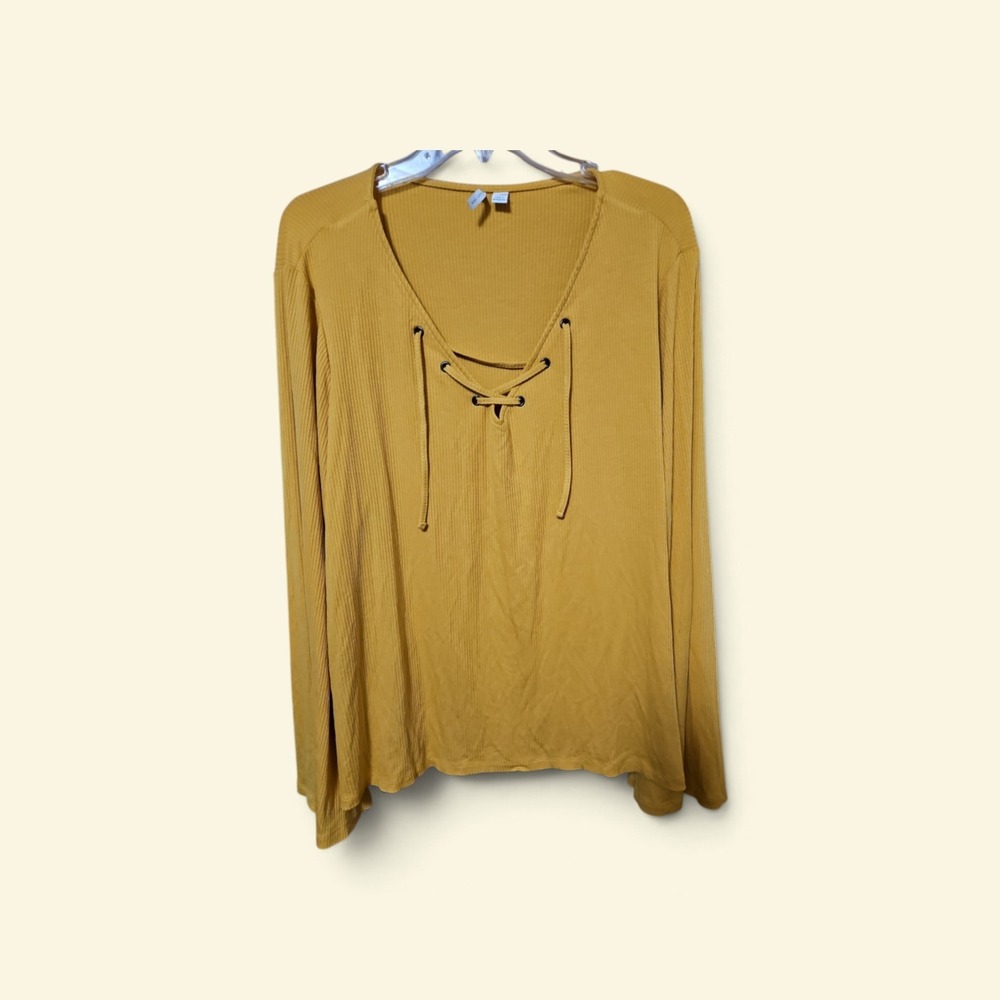 CATO Womens Mustard Yellow Ribbed Lace Up V Neck Long Sleeve Top Size XL 0616